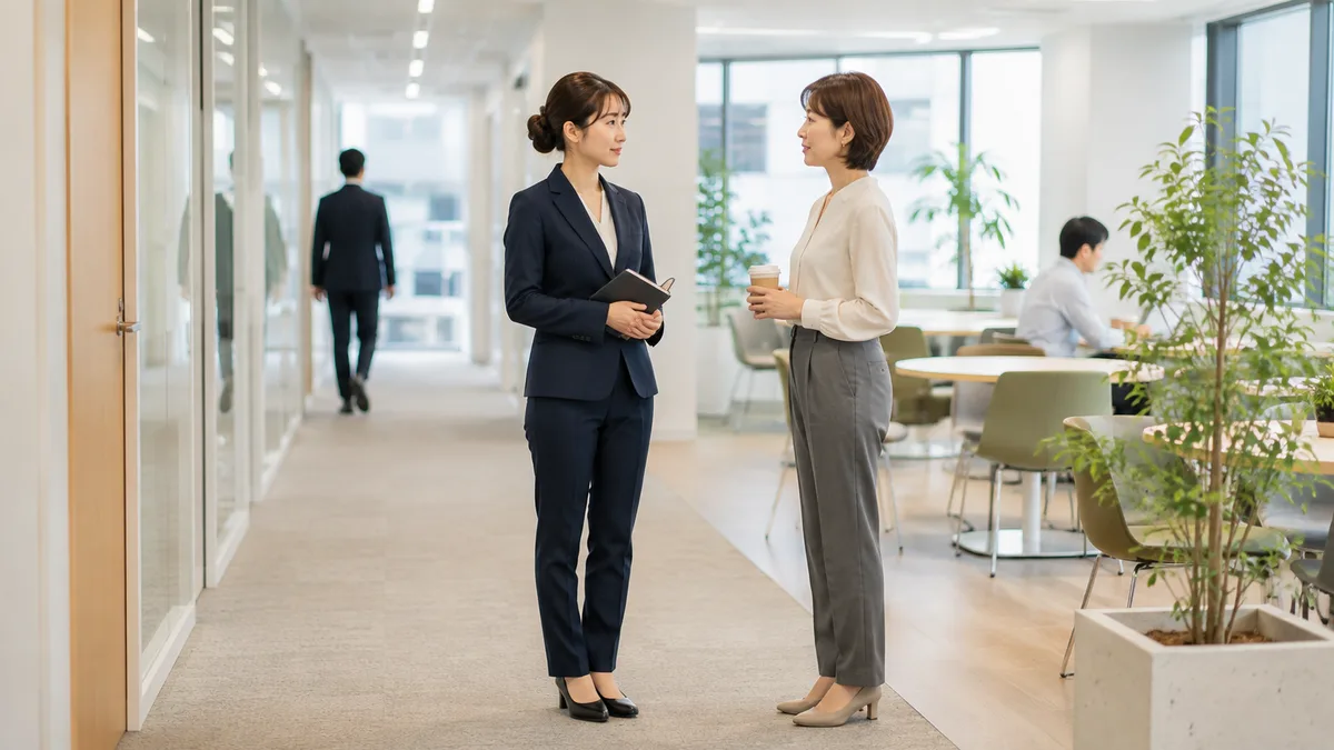 仕事から逃げたいと感じる女性が職場の人に相談しながら、休むことや休職、異動、転職など今後できる対処法を考えている様子。