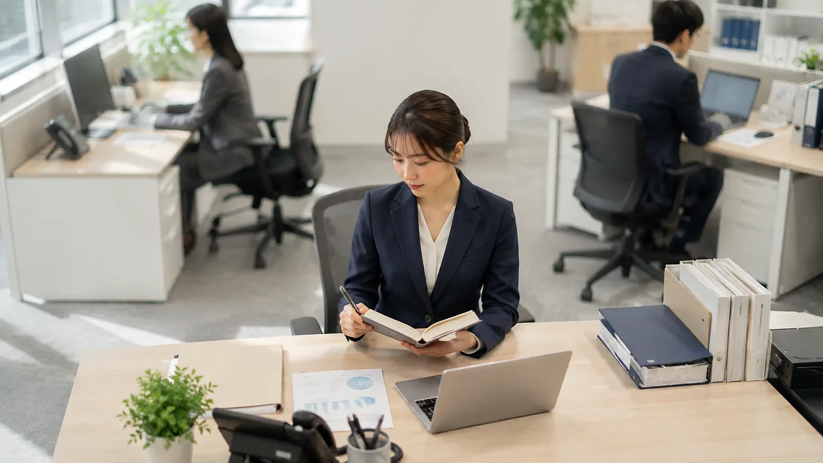 仕事から逃げたい気持ちを抱えた女性が、職場のデスクでノートを見ながら、自分を責めず仕事の負担について振り返っている様子。