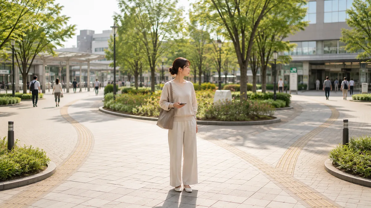 仕事から逃げたいと感じる女性が、退職だけに決めつけず、休むことや相談、異動など今後の選択肢について落ち着いて考えている様子。