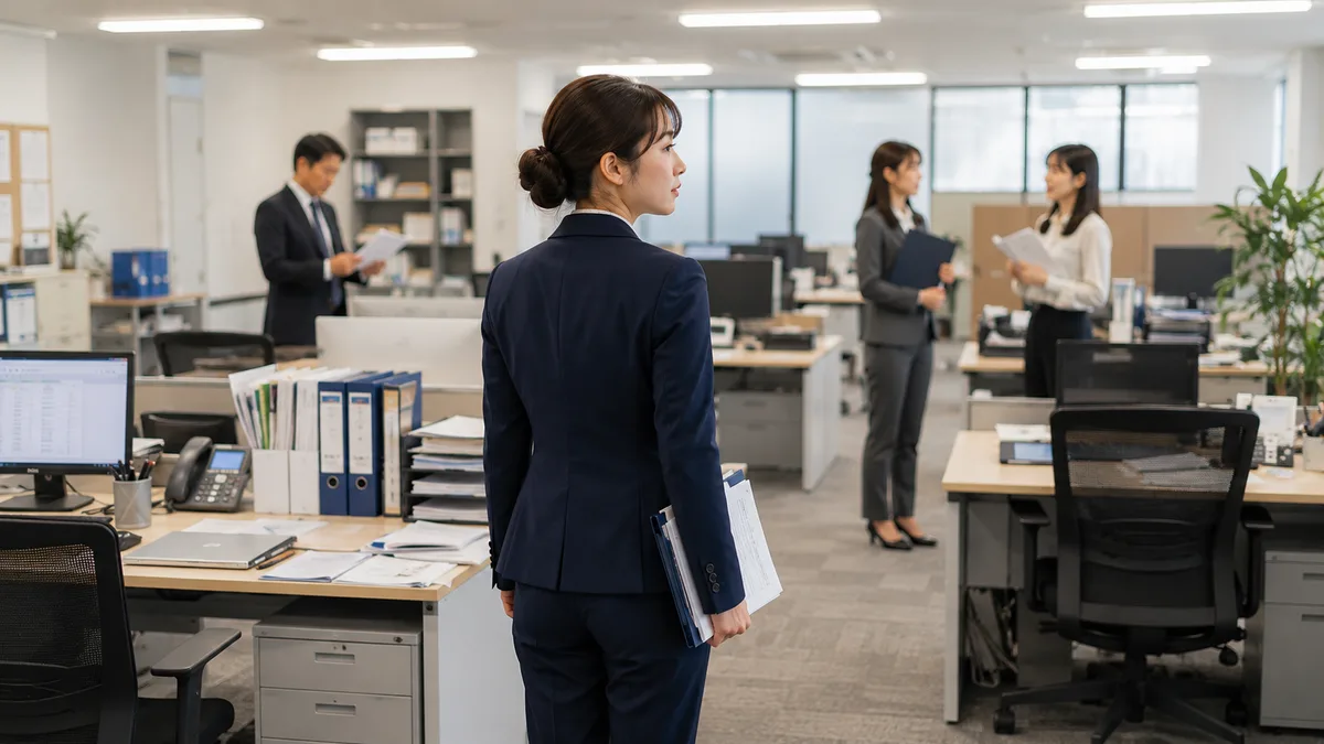 書類の多い職場で働く女性が、上司や同僚との人間関係や仕事量など、仕事から逃げたいと感じる原因に悩んでいる様子。