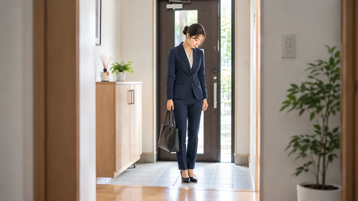 出勤前の女性が仕事用のバッグを持って玄関で立ち止まり、仕事がつらいときに感じる普段とは違う心身の変化を振り返っている様子。