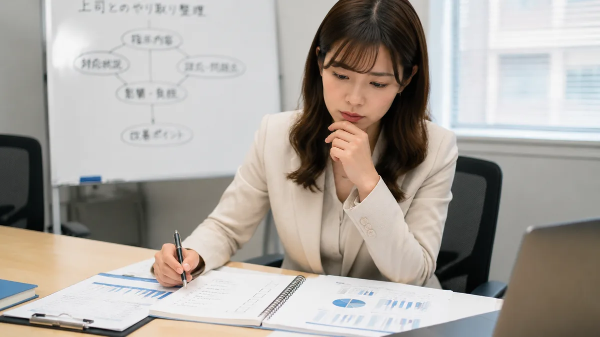 仕事ができない上司の特徴や職場への影響を確認し、状況を整理する社員の様子