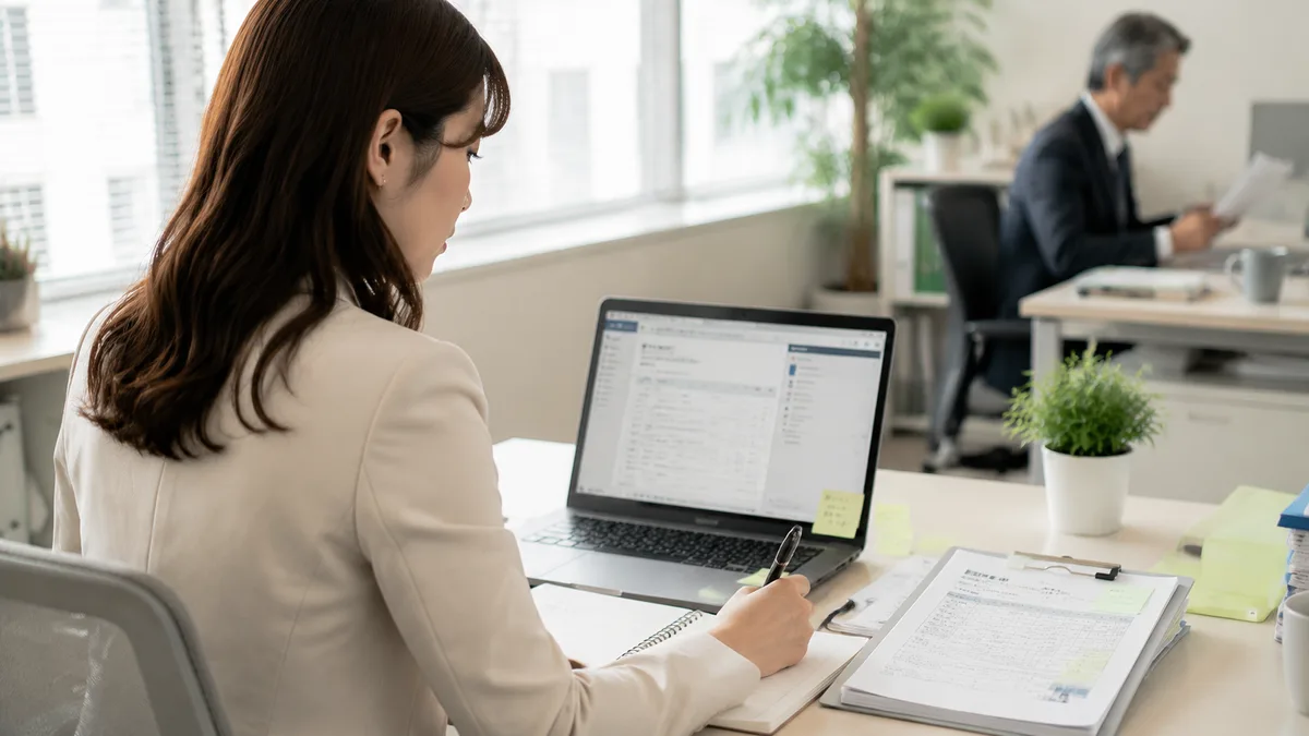 仕事ができない上司に振り回されないよう、指示内容を確認しながらメモを整理する社員の様子