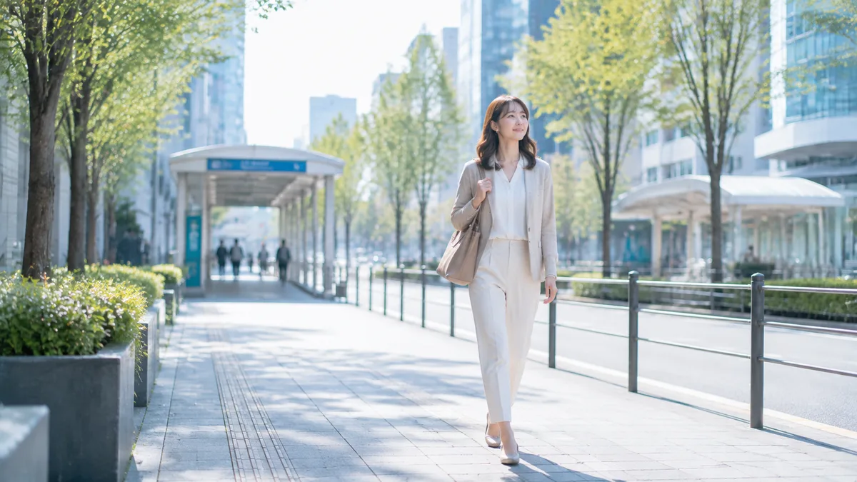 仕事ができない上司へのストレスと向き合い、前向きに働き方を考えながら通勤する社員の様子