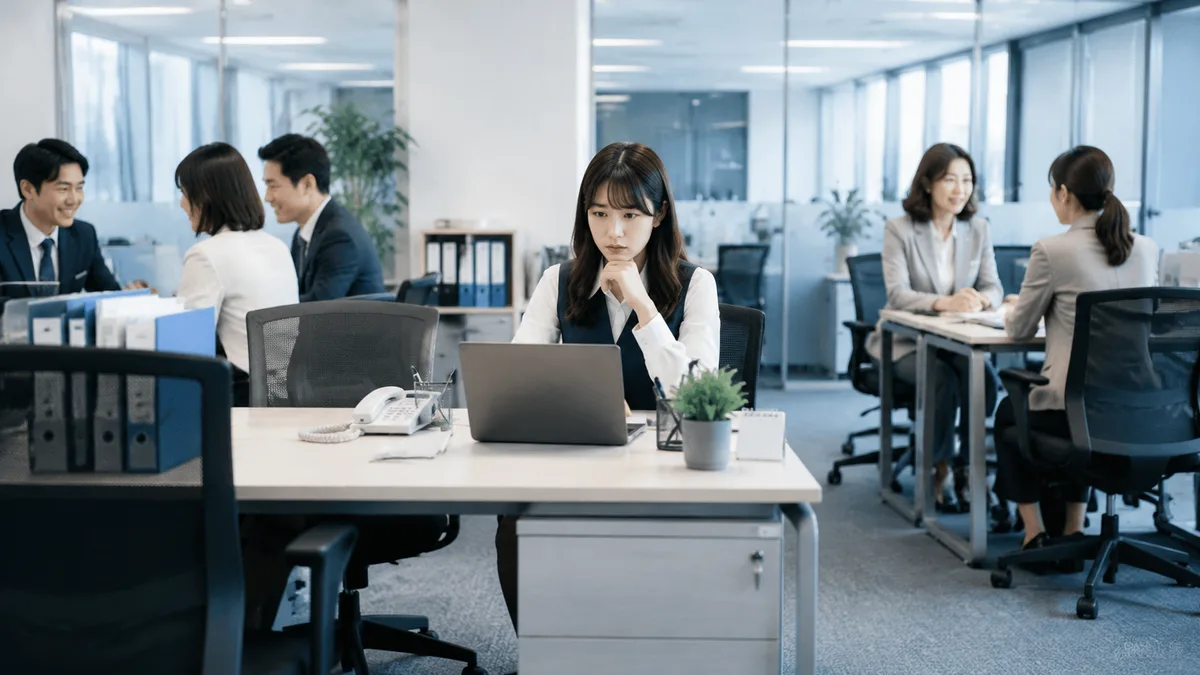 職場で必要な連絡や人間関係に悩みながら仕事をする女性社員