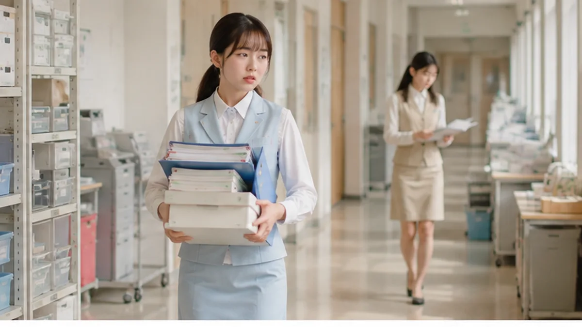 職場で二人一組の仕事をする中、一人の女性に作業の負担が偏り、疲れを感じながら仕事をしている様子。