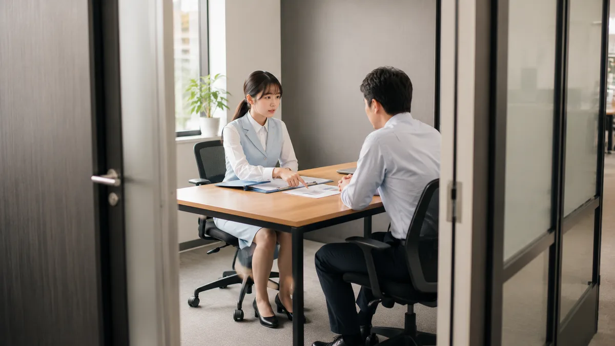 苦手な人とのペア業務について、女性社員が上司と向き合い、仕事上の負担や今後の働き方を相談している様子。