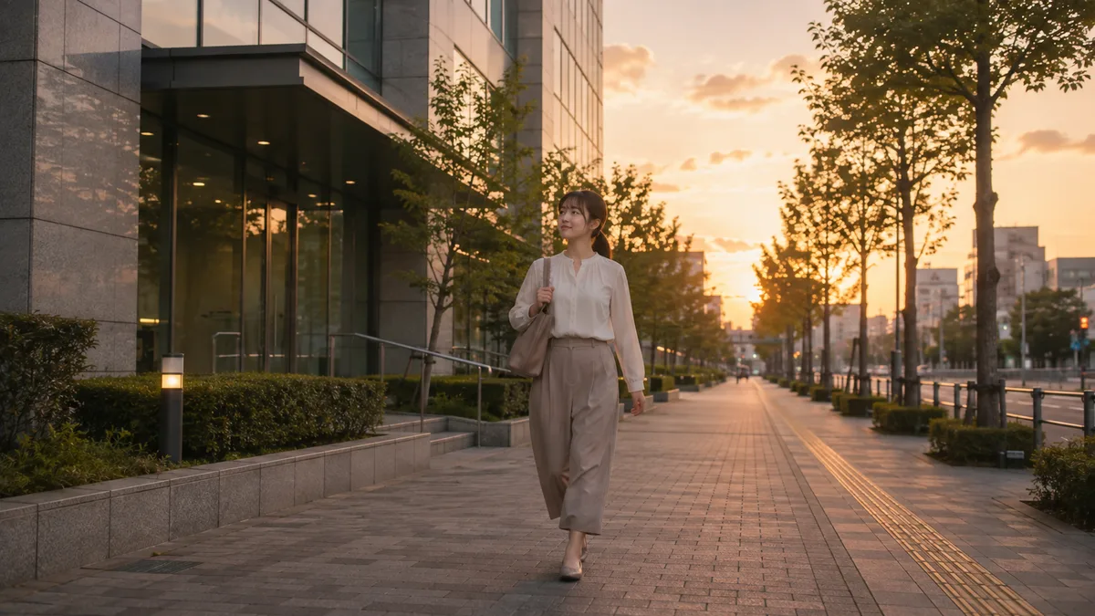 苦手な人との仕事を終えた女性が、仕事と自分の時間を切り分けるように、落ち着いた様子で一人帰宅する場面。