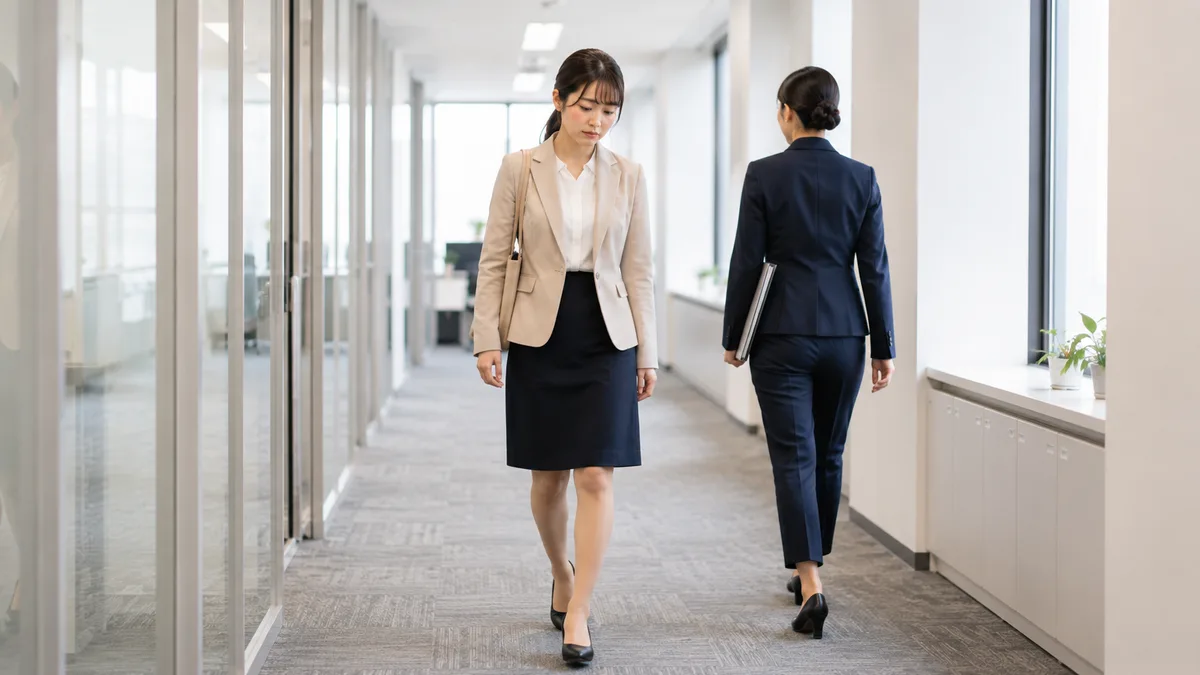 仕事を取られた悔しさを感じながらも、同僚に感情的な態度を取らないよう気持ちを落ち着かせている職場の女性