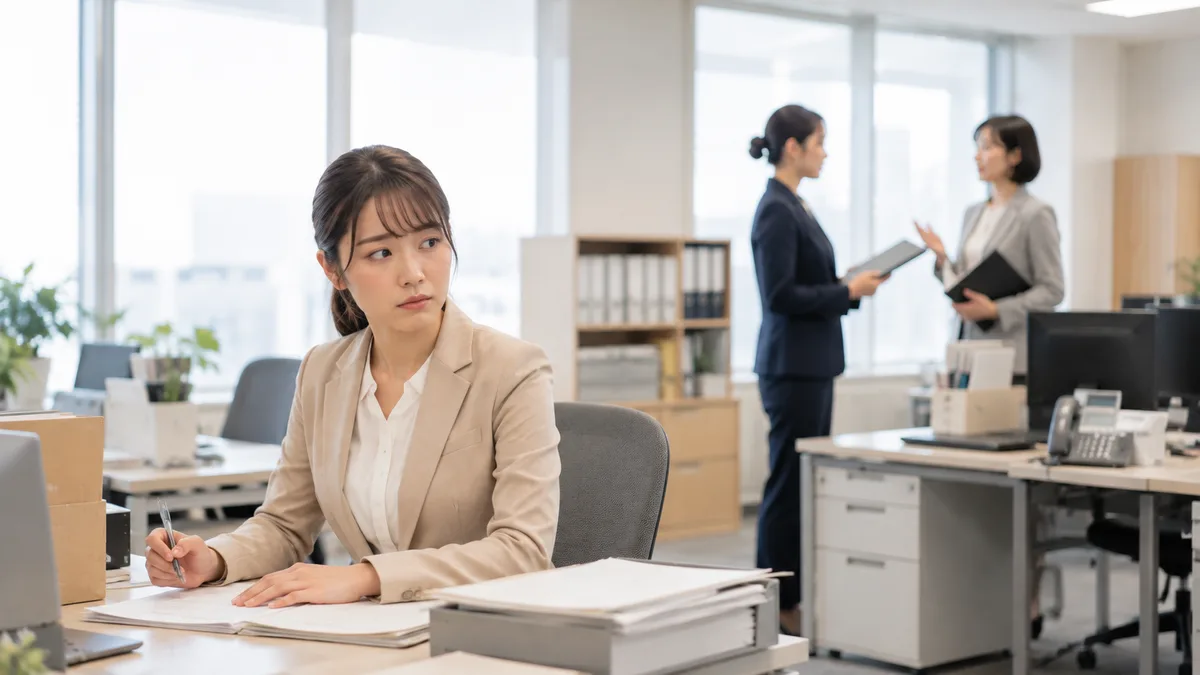 担当していた仕事を同僚に任され、自分の評価や職場での居場所が失われるのではないかと不安を感じている女性