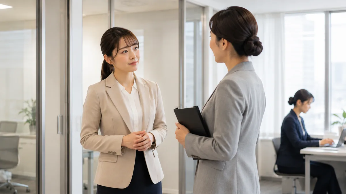 仕事を取られた不安を抱えながら、上司に担当変更の理由や今後期待される役割について落ち着いて確認している職場の女性