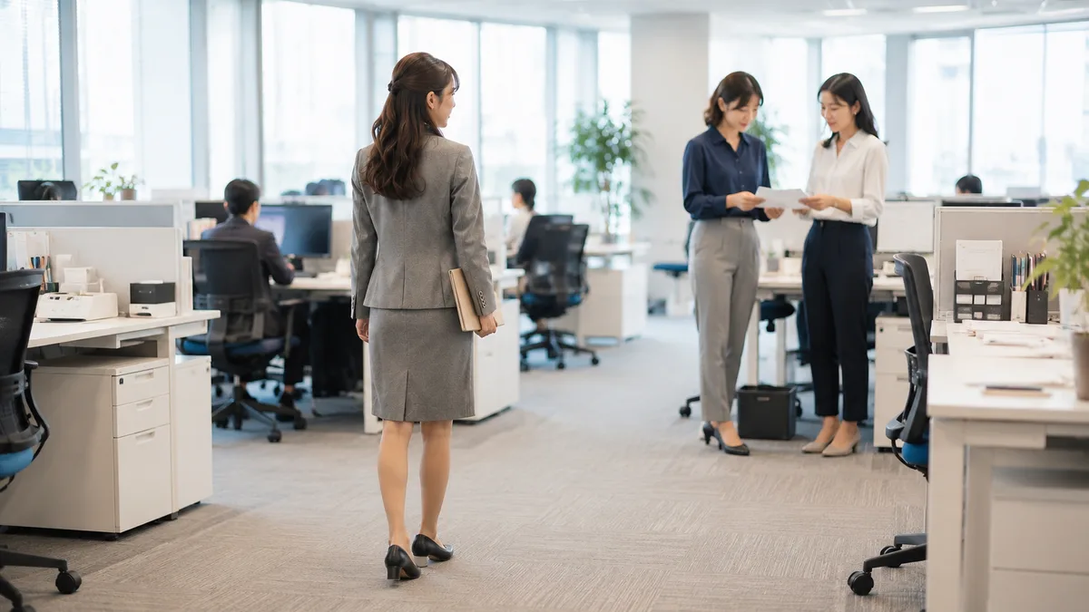すでに親しい関係ができている先輩たちが会話する職場で、話しかけるタイミングが分からず少し離れて様子を見る新人女性