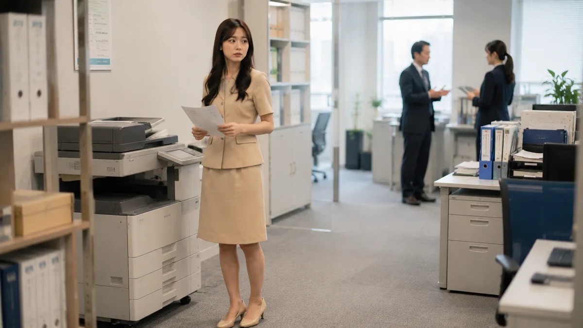 緊張感のある職場で周囲に気を使い続け、仕事中に疲れた表情を見せる女性の様子