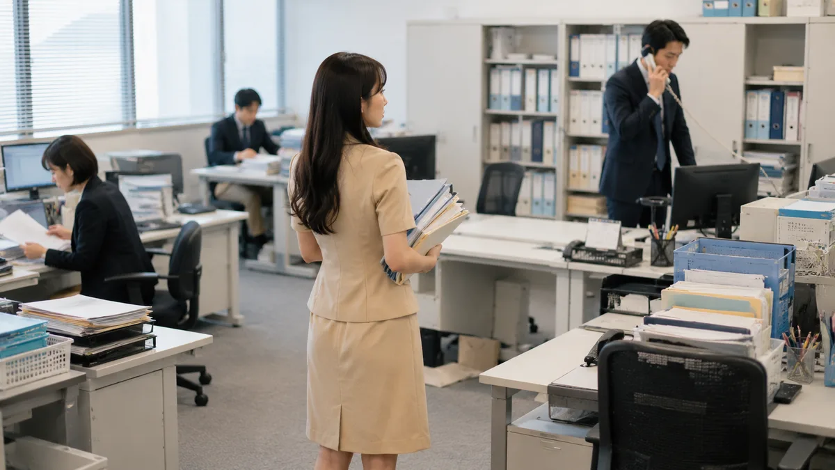 忙しい職場で上司や同僚との関係や仕事量に悩み、原因を考えながら働いている女性の様子