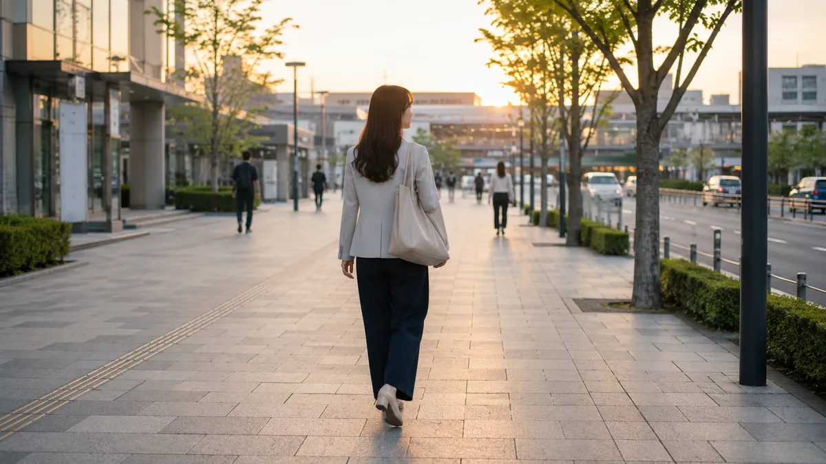 仕事を終えた女性が落ち着いた様子で歩きながら、これからの働き方について考えている様子