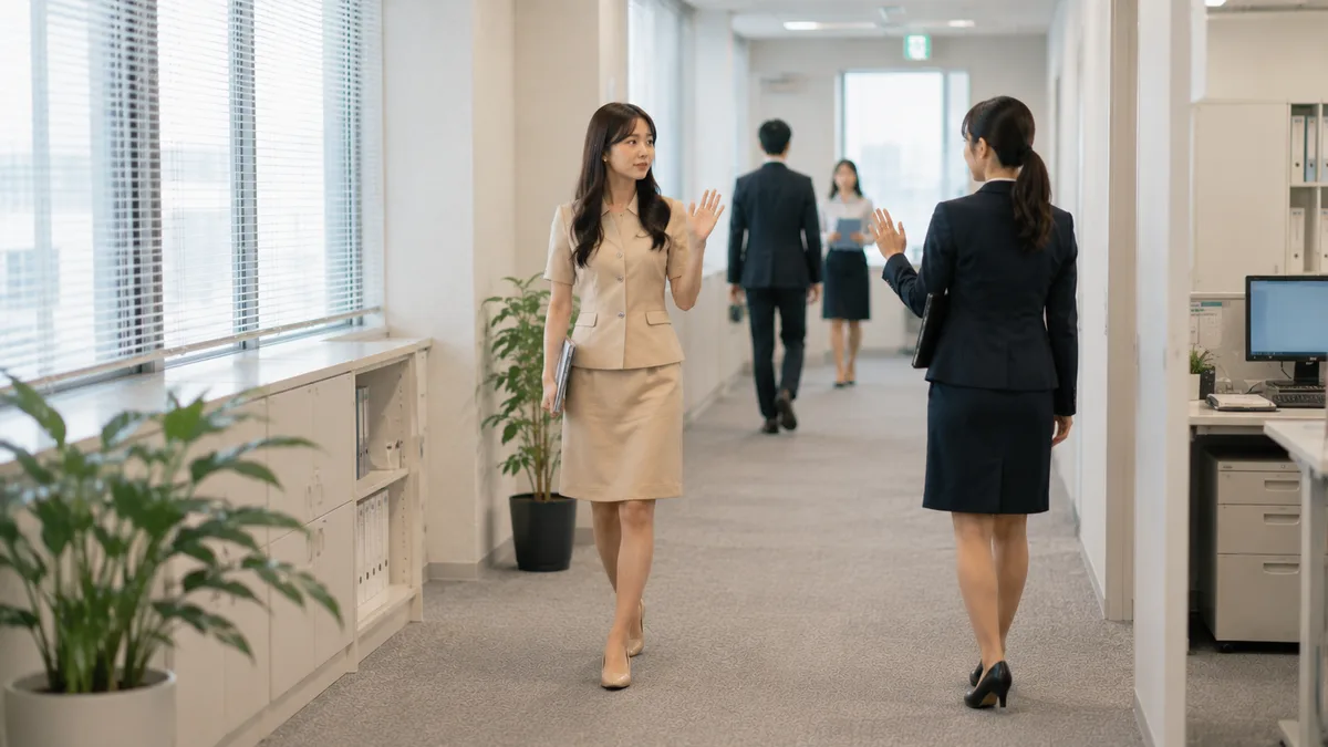 雰囲気の悪い職場でも周囲に無理に合わせず、落ち着いて必要な会話をする女性の様子