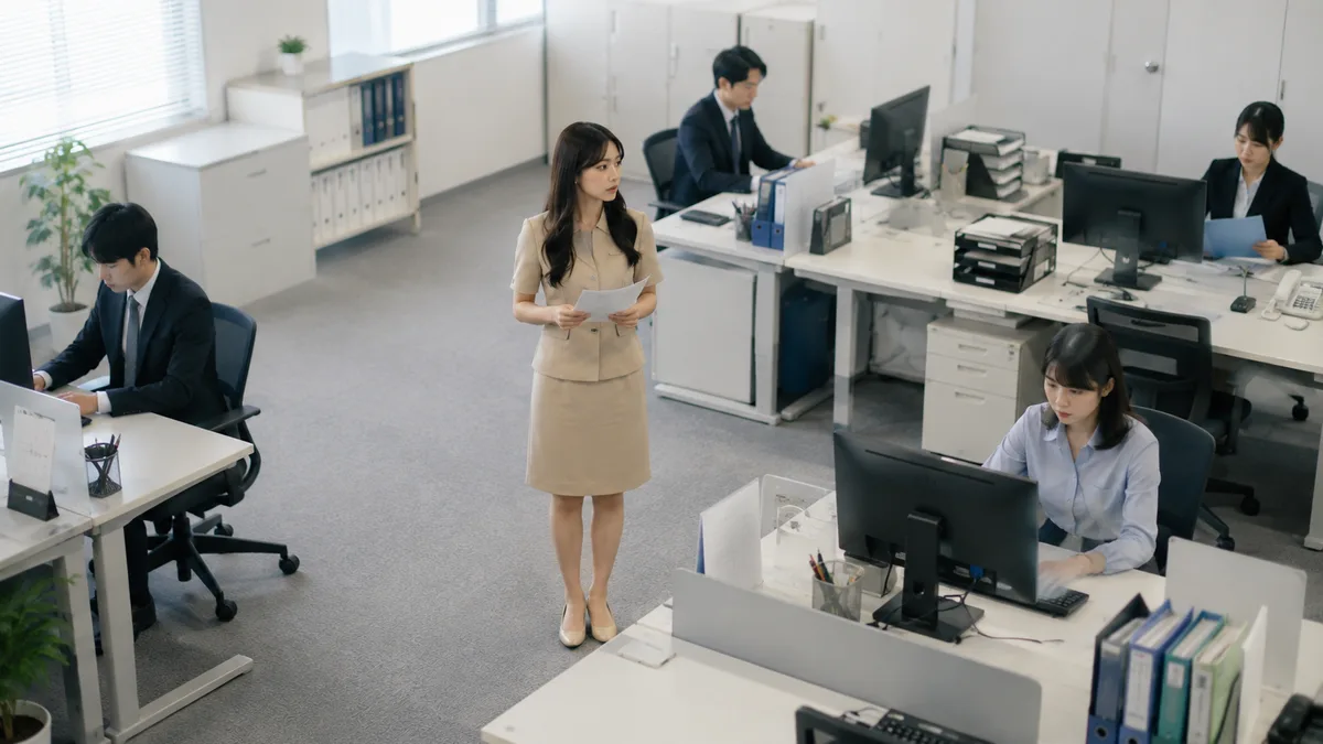 会話が少なく重い空気が漂う職場で、周囲の様子を気にしながら仕事をする女性の様子