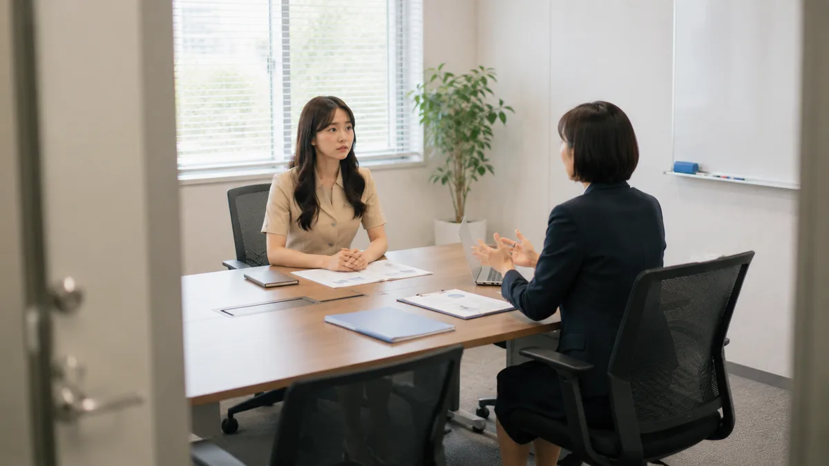 職場を続けるか辞めるか迷い、相談相手と今後の働き方について落ち着いて話す女性の様子