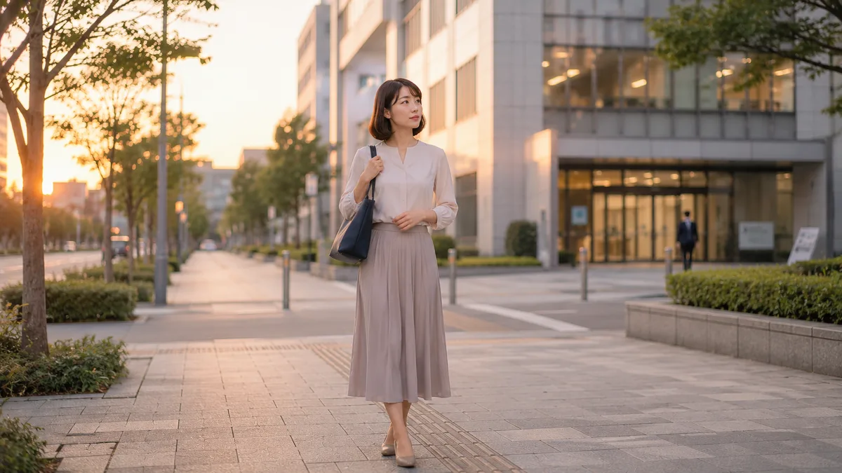仕事を終えて会社を出た後、今の職場に残るか環境を変えるか、今後の働き方について考えている女性。