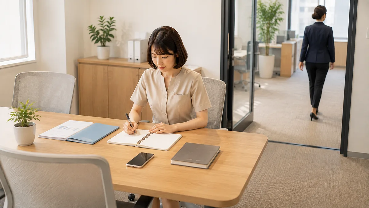 職場のデスクでノートに実際に起きた出来事を書き出し、嫌われているのか状況を整理している女性社員。