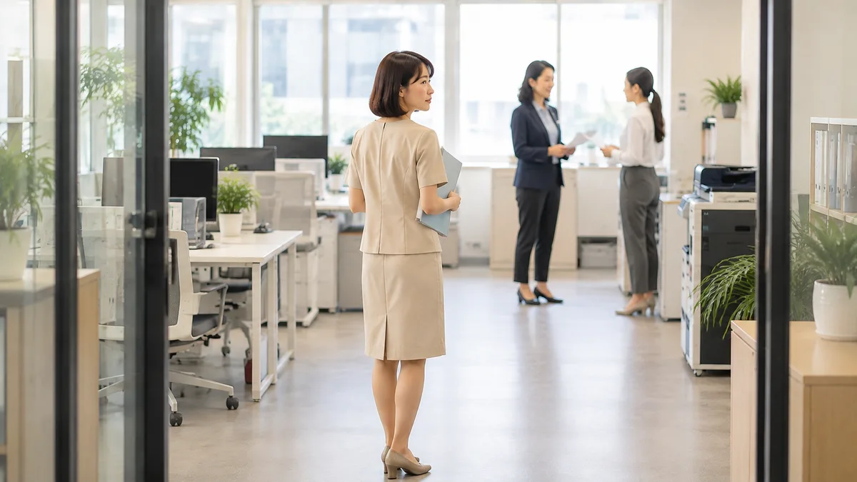 職場で周囲の同僚の態度を見ながら、自分だけ避けられているのか冷静に状況を確認している女性社員。