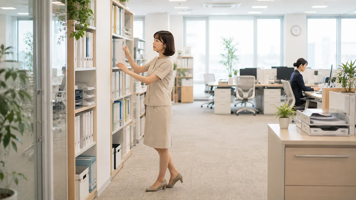 職場で周囲と無理のない距離を保ちながら、落ち着いた表情で自分の仕事に取り組んでいるベージュ制服の女性社員。