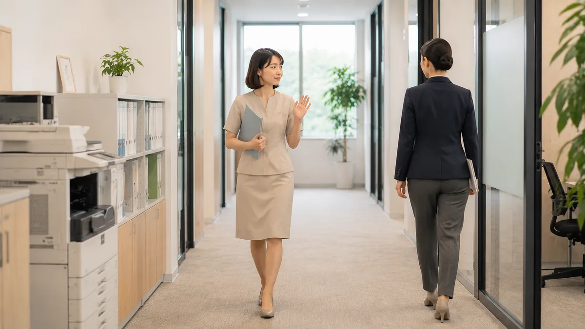 周囲の反応を気にしすぎず、職場の同僚と適度な距離を保ちながら自分の仕事へ向かうベージュ制服の女性社員。