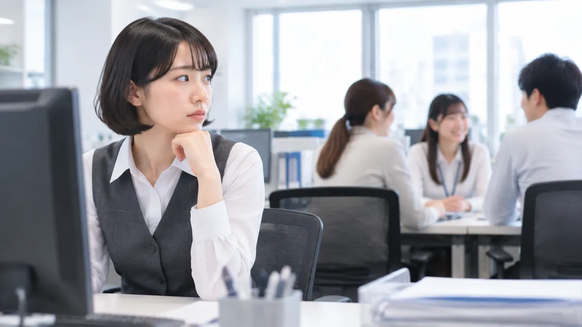 職場で周囲との会話や距離感に違和感を覚える女性の様子