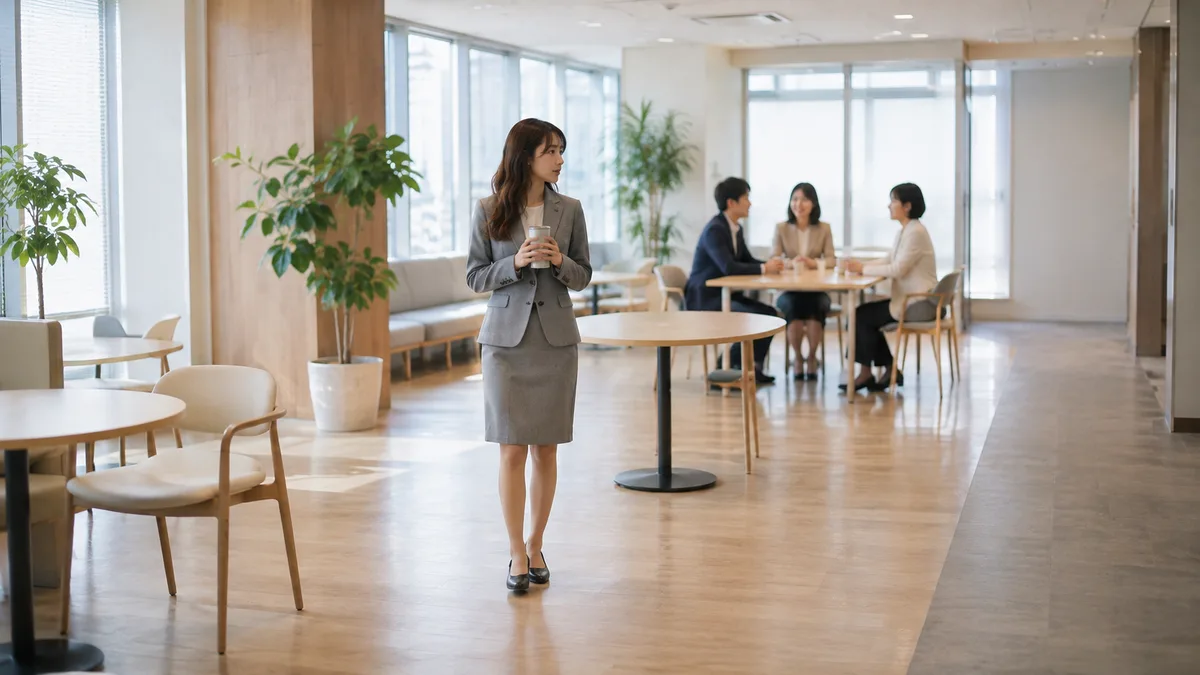 職場の休憩中、楽しそうに話す先輩たちの輪から少し離れた場所で、自分だけ会話に入れず不安そうにしている新人女性