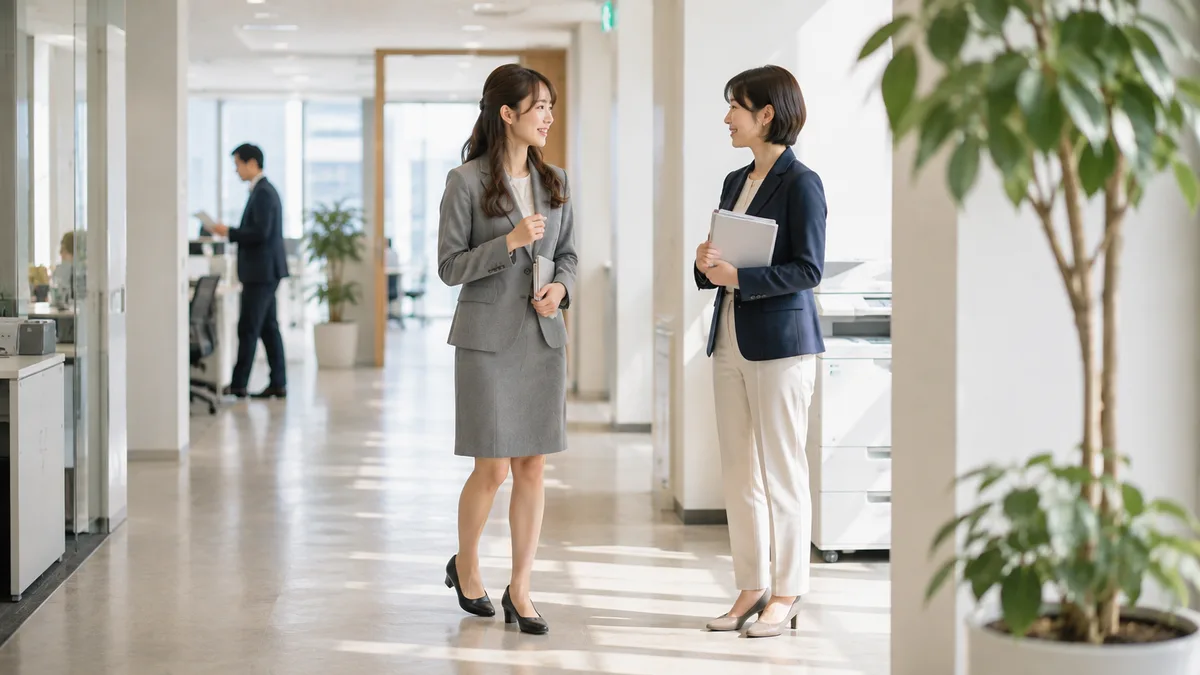 新人女性が職場の先輩一人に仕事について短く質問し、無理に大人数の輪へ入らず自然なやり取りから関係を作っている様子