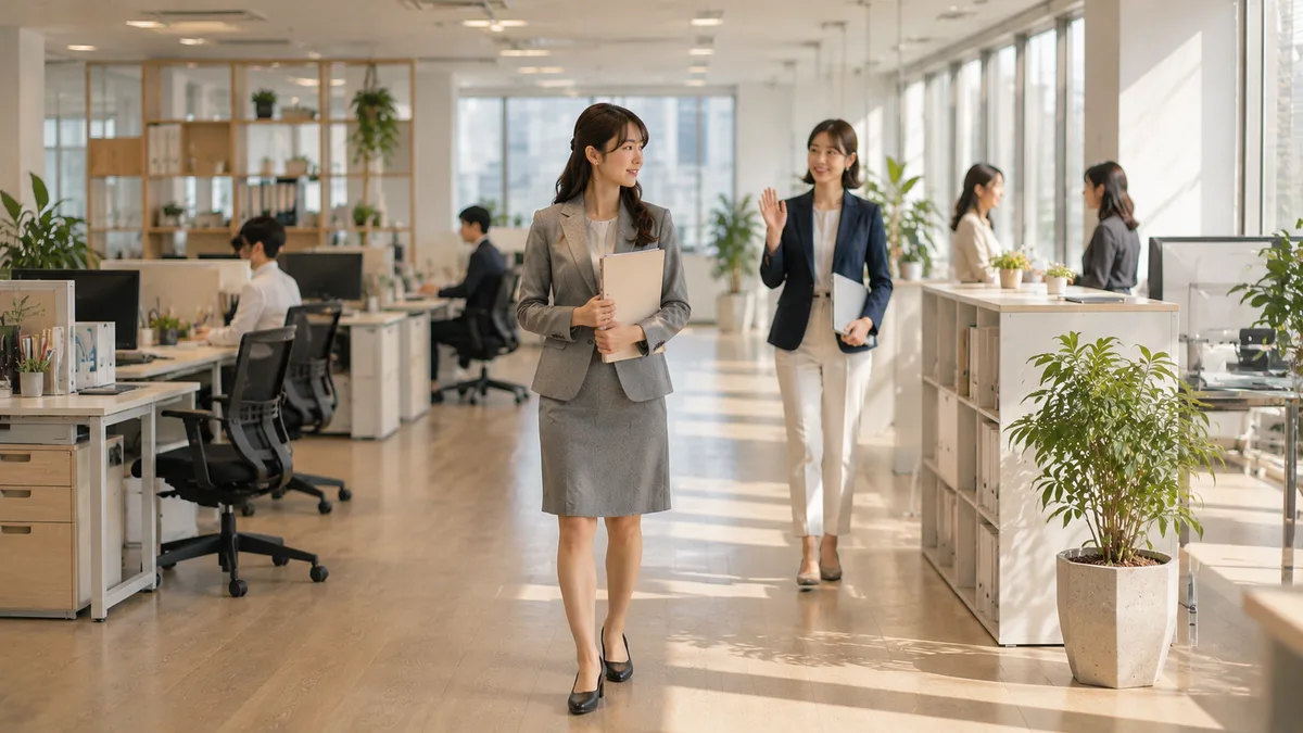 新人女性が職場で先輩と仕事について自然に関わり、周囲の雑談の輪に無理に入らなくても必要な関係を築いて働いている様子 