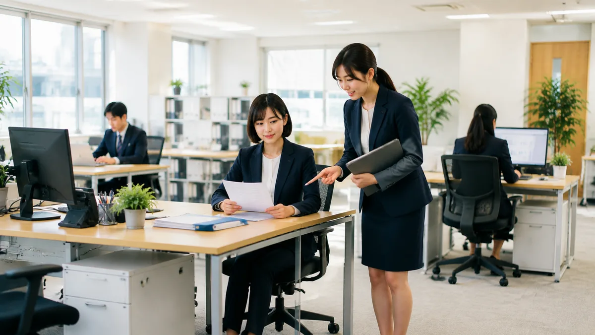 職場で必要以上に会話をせず、必要な確認だけを行いながら適度な距離感で働く女性社員の様子。
