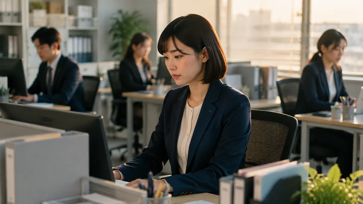 職場の人間関係や仕事の負担について考えながら、自分の距離感を整理している女性社員の様子。