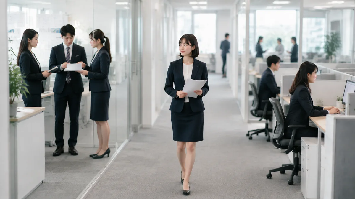 職場で会話が減ったことで情報共有や相談のタイミングに悩んでいる女性社員の様子。