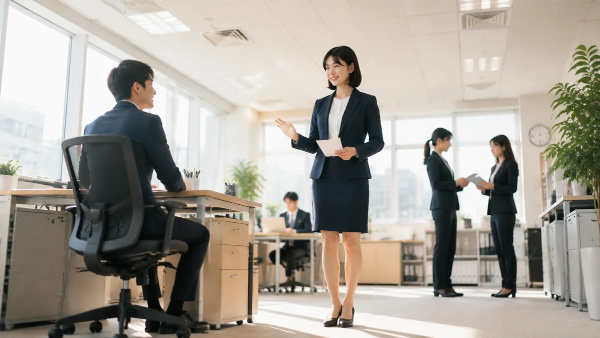 職場で短い挨拶や報告を行いながら、必要な関係を保って働く女性社員の様子。