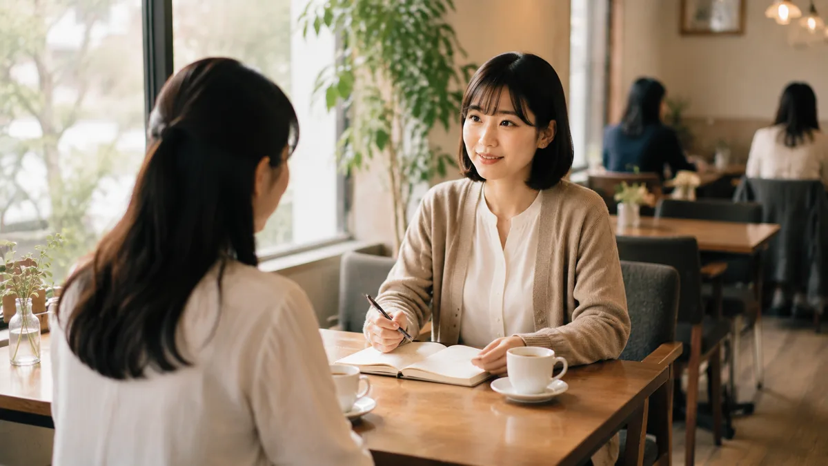 職場環境や今後の働き方について相談し、自分に合う選択肢を整理している女性の様子。