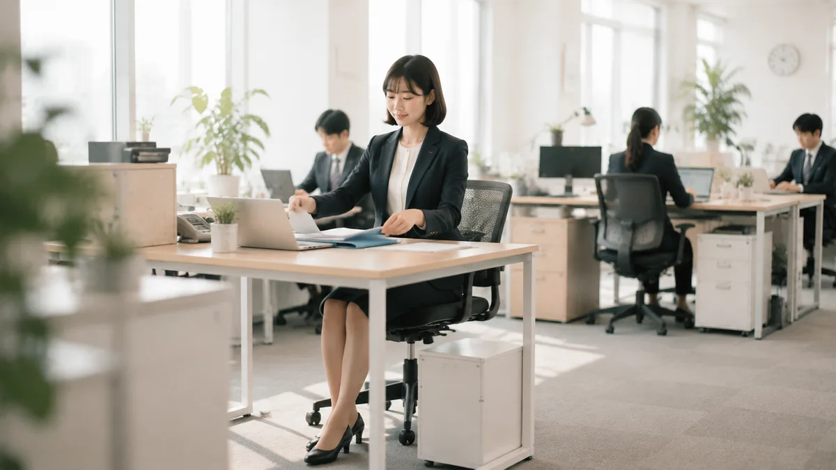 自分に合った職場での距離感を保ちながら、安心して自分らしく働いている女性社員の姿。