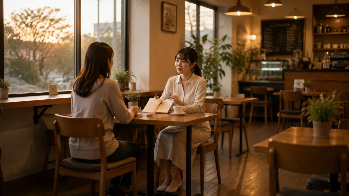 職場の悩みについて第三者に相談し、今後の働き方や対応方法を整理している30代女性。
