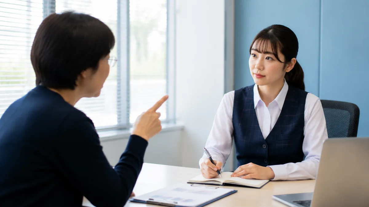 職場で細かな注意を受けた時に、感情的にならず冷静に対応する30代女性。