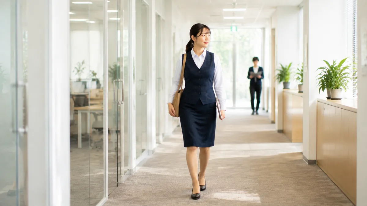 職場で適切な距離感を保ちながら、自分の仕事に集中して前向きに歩く30代女性。
