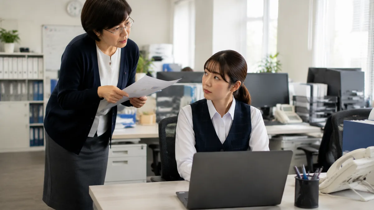 職場で細かな指摘を受けながら仕事を続ける30代女性が、口出しによる精神的な負担を感じている様子。