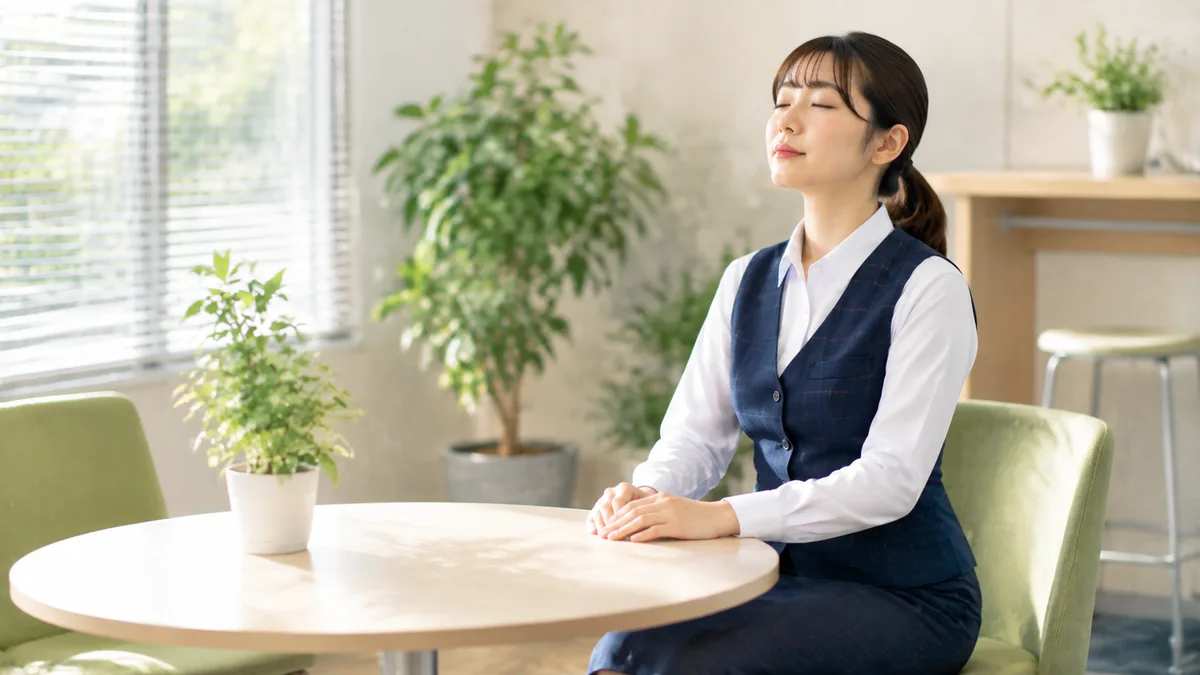 職場の人間関係で感情的にならず、自分の気持ちを整理して落ち着きを取り戻す30代女性。
