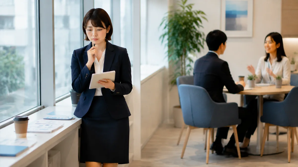 職場の人間関係について考えながら、ノートや資料を確認して仕事や周囲との関係を整理している30代女性会社員の画像。背景では同僚が自然に会話しているオフィス風景。