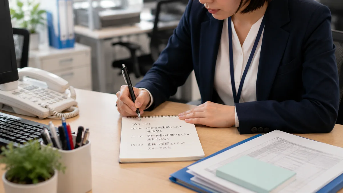 職場で返事や情報共有がない状況を振り返り、ネイビー制服の女性会社員がノートに出来事を書き出して整理しているオフィス風景の画像。