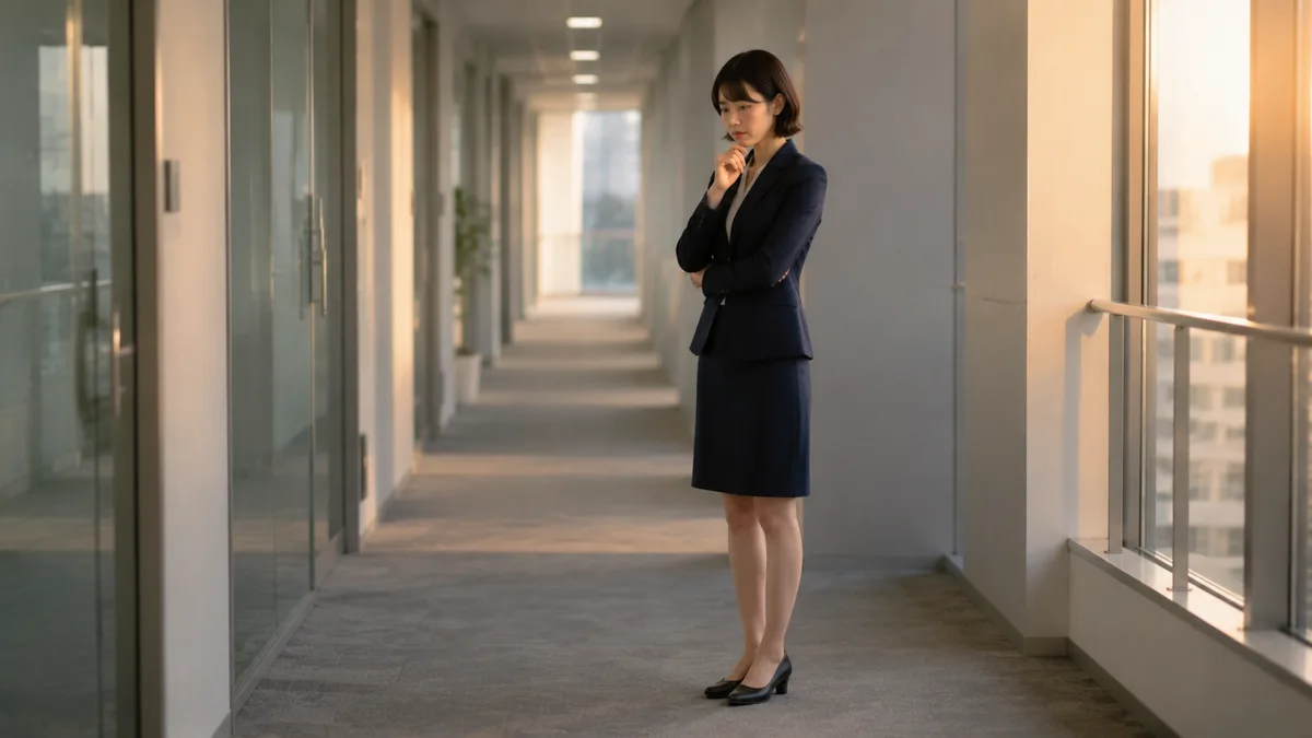 職場での悩みが続く中、ネイビー制服の女性会社員がオフィスの通路で立ち止まり、仕事への影響や今後の働き方について考えている画像。