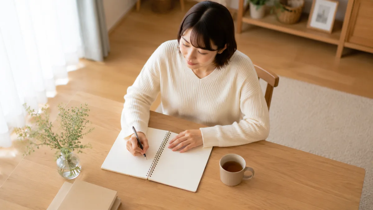 自宅で白いニットを着た女性がノートに気持ちを書き出し、職場での悩みや今後の対応について整理している様子を表した画像。