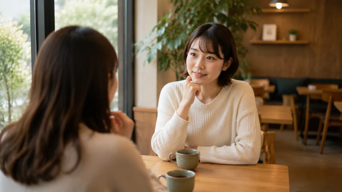 カフェで第三者と話しながら、職場の悩みや今後の働き方について整理している女性会社員の画像。相談相手との会話を通じて気持ちを整理している様子。