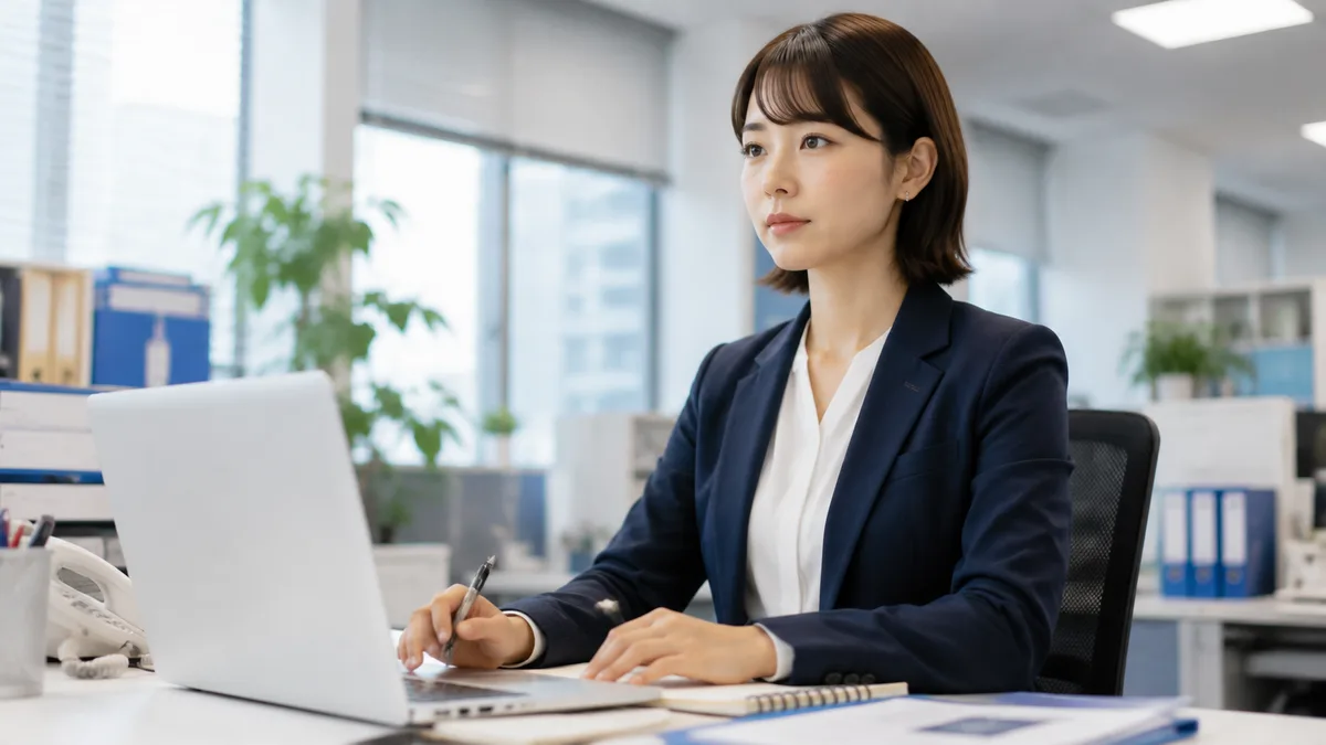 職場で感情的にならず、ネイビー制服の女性会社員がパソコン作業や業務連絡に集中して冷静に対応しているオフィス風景の画像。