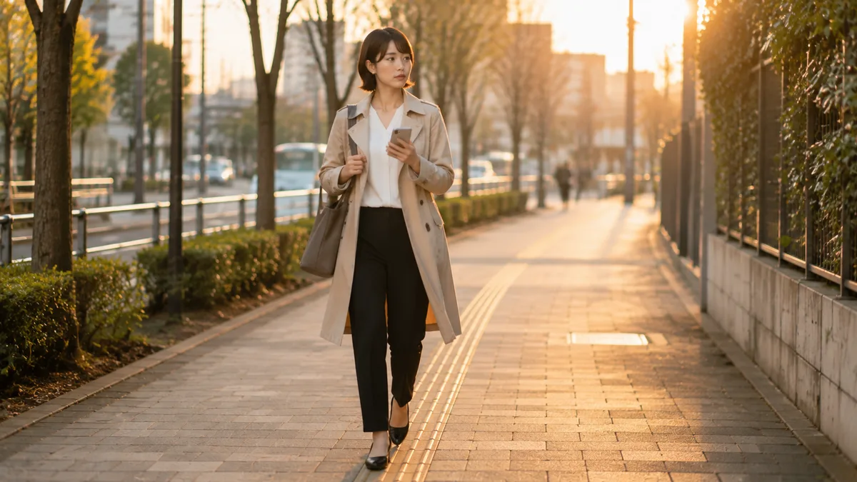 職場環境を変える選択肢を考えながら、ベージュコートを着た女性会社員が通勤路を歩いている画像。スマートフォンを見ながら今後の働き方について整理している様子。
