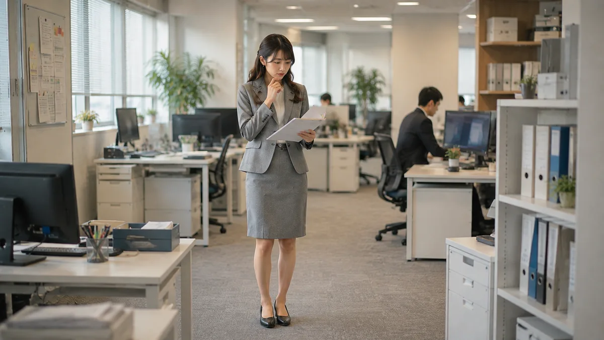 職場で一人になっている新人女性が、仕事の資料を見ながら必要な情報やフォローを受けられているか冷静に状況を整理している様子